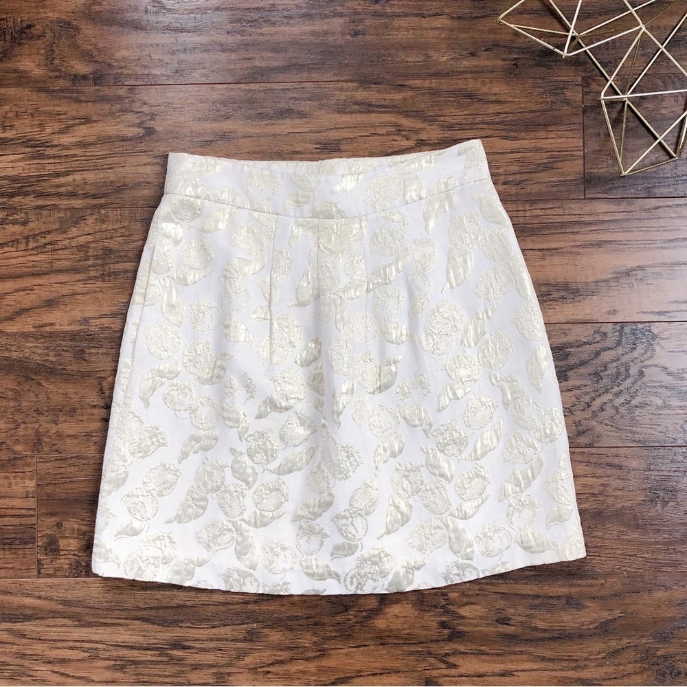 Tibi • gold metallic floral skirt mini rose print cream lamé foil brocade pleat